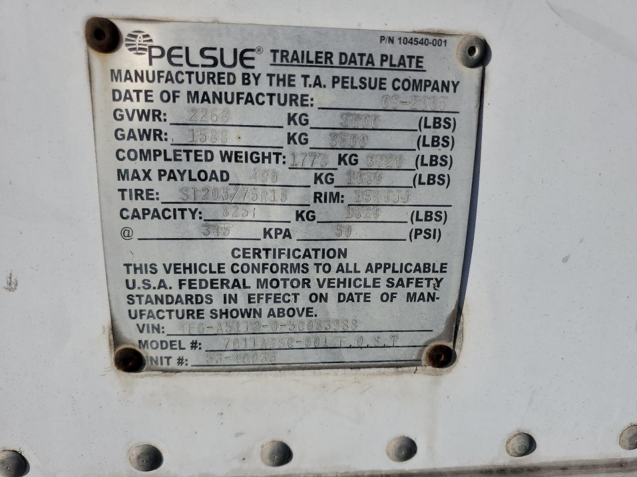 2005 Pelsue 7011ABSC-001 Fiber Optic Splicing Trailer