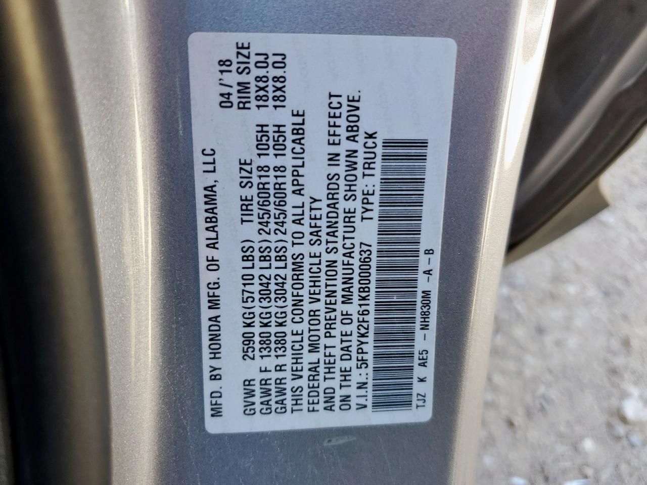 2019 Honda Ridgeline rtl