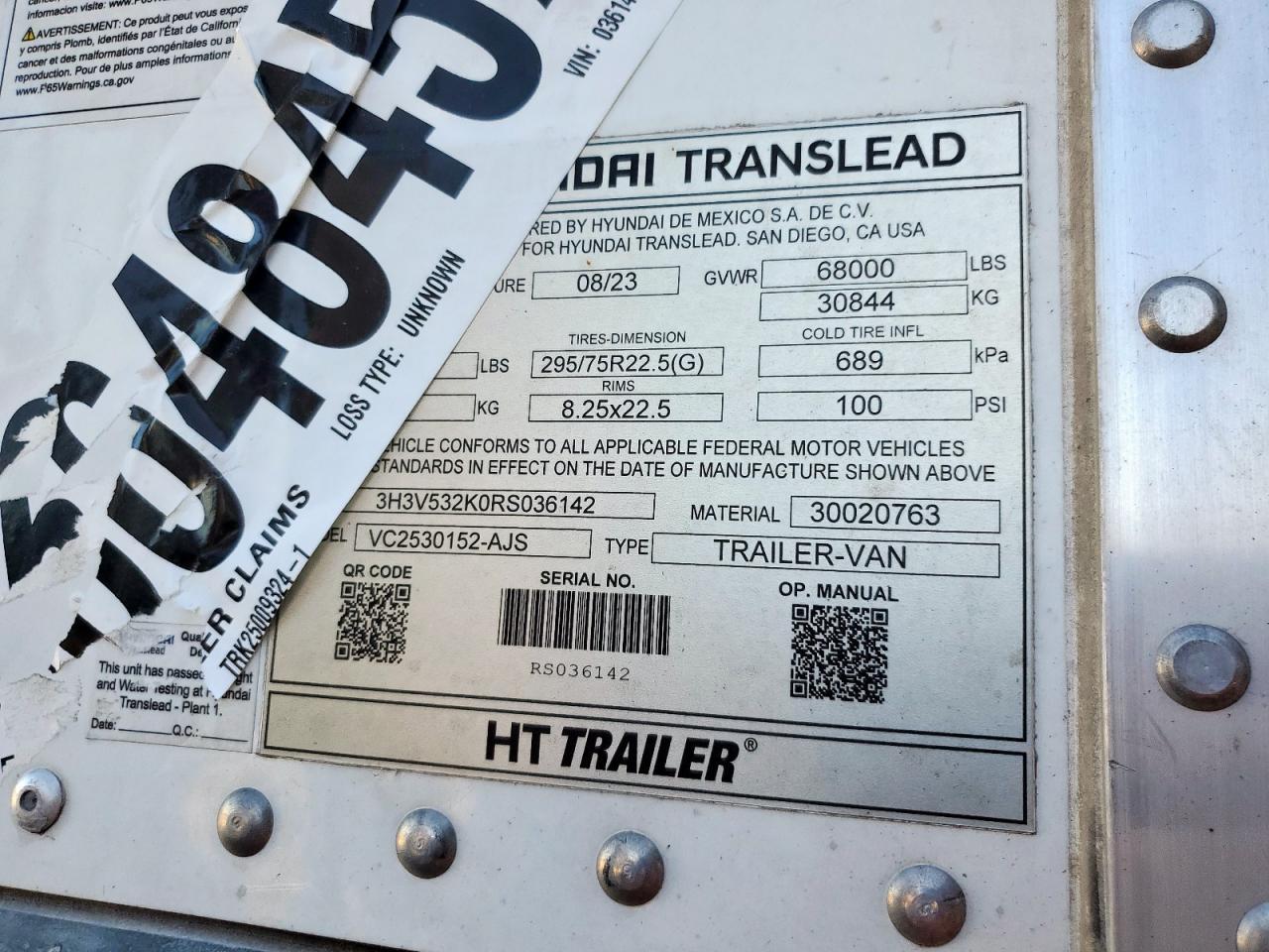 2024 Hyundai Translead VC2530152-AJS DRY Van Trailer