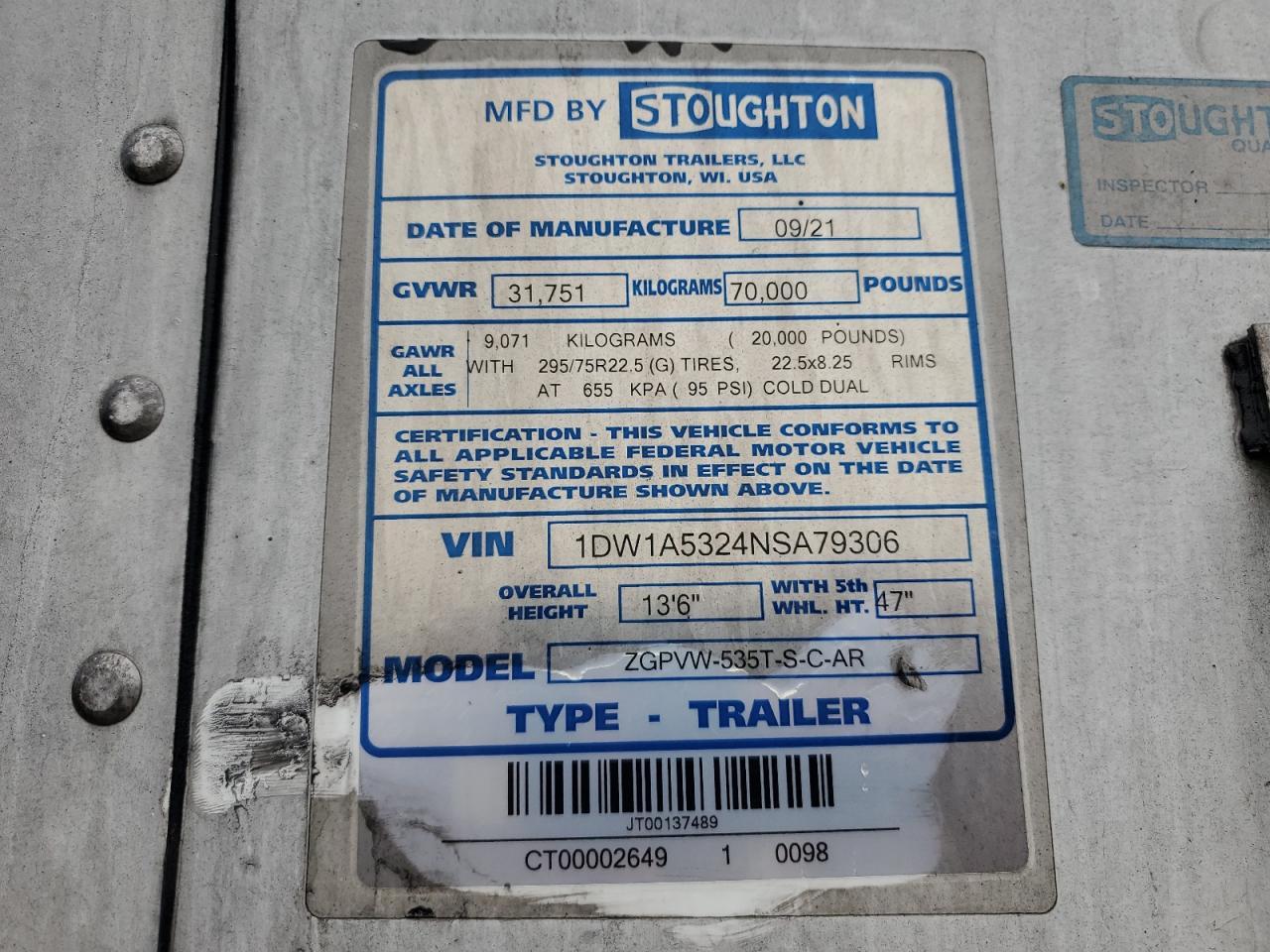 2022 Stoughton Zgpvw-535T-S-C-AR DRY Van Trailer