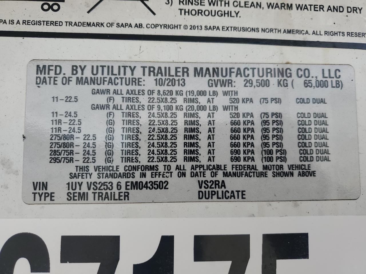 2014 Utility VS2RA Refrigerated Van Trailer
