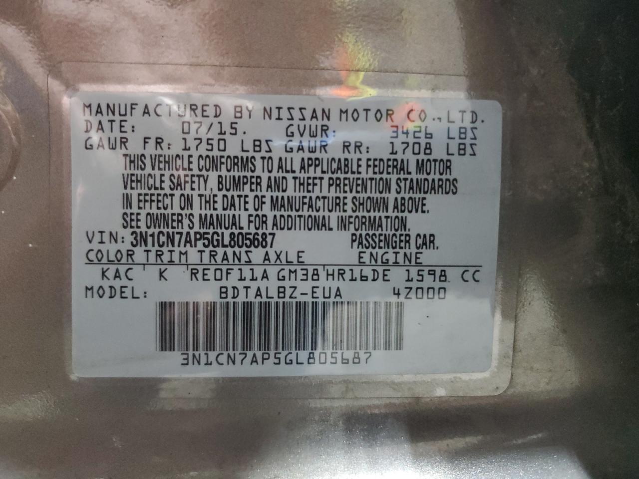 2016 Niss Versa 1.6 sv