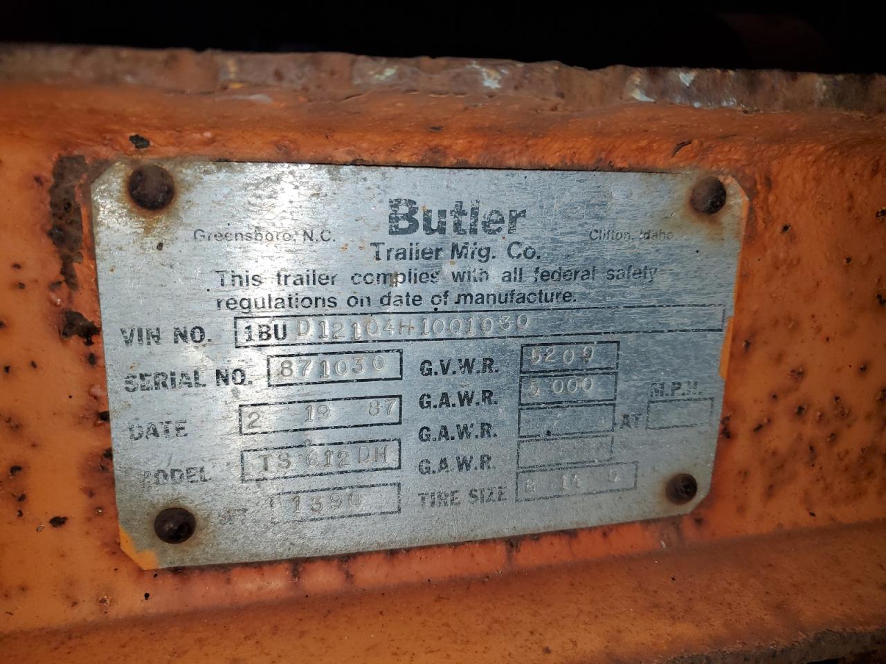 1987 Butler TS 612DH Equipment Trailer