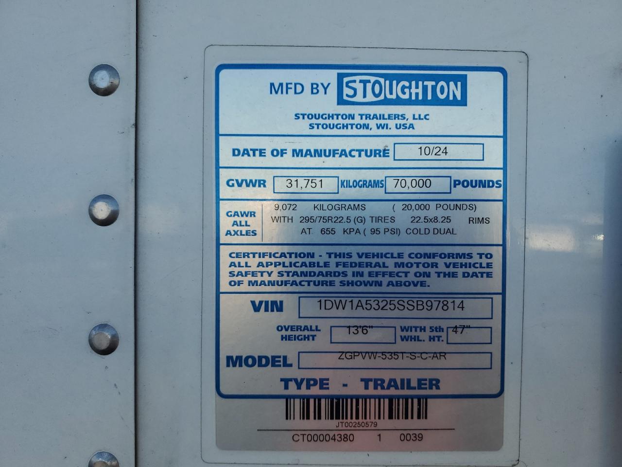 2025 Stoughton Zgpvw-535T-S-C-AR DRY Van Trailer