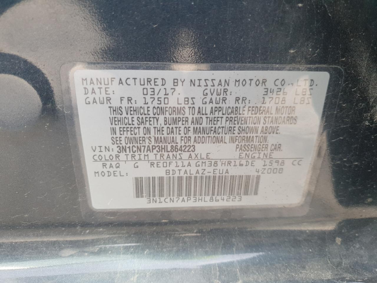 2017 Niss Versa 1.6 s Plus