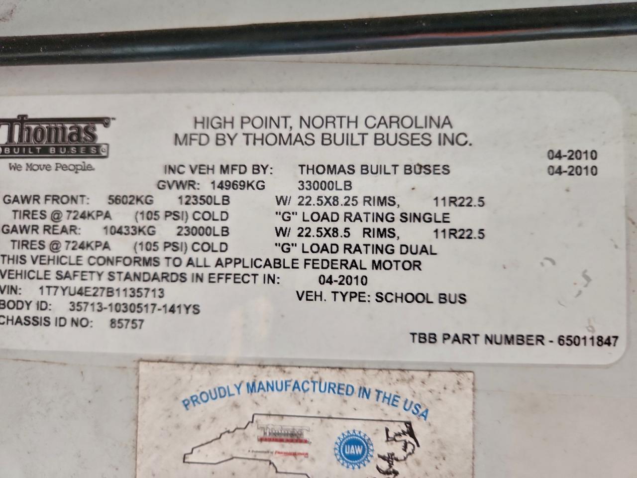 2011 Thomas Built HDX School Bus