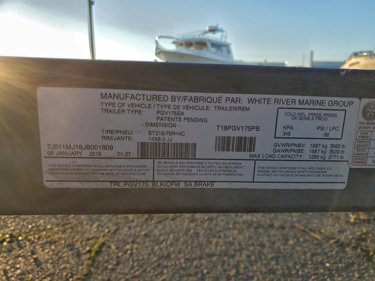 2018 TL 2018 White River Marine PGV175SA Boat Trailer