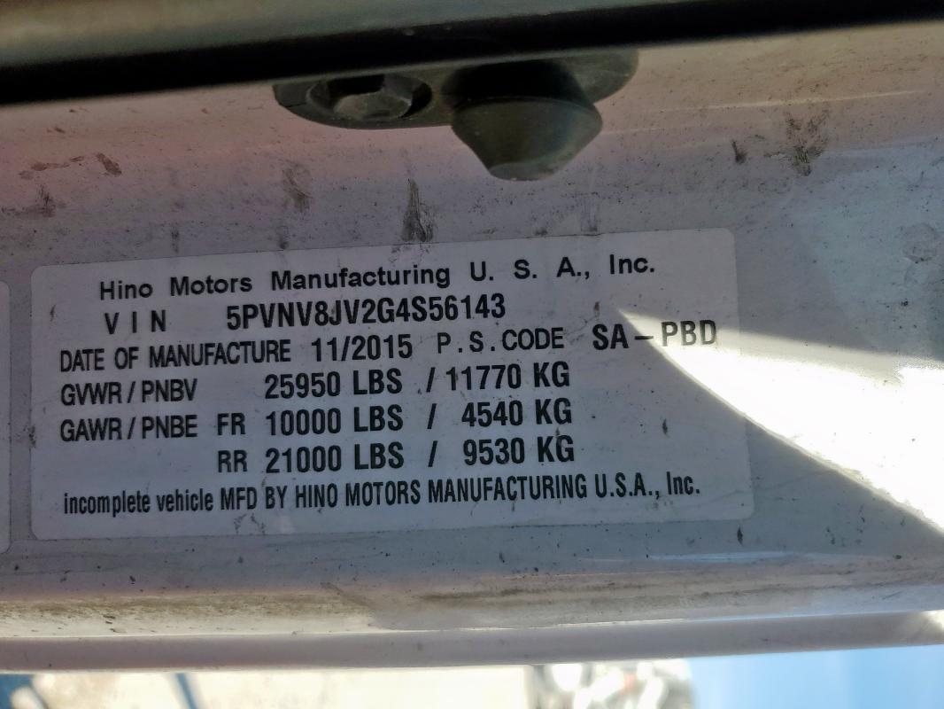 2016 Hino 338/358 Truck Cab AND Chassis