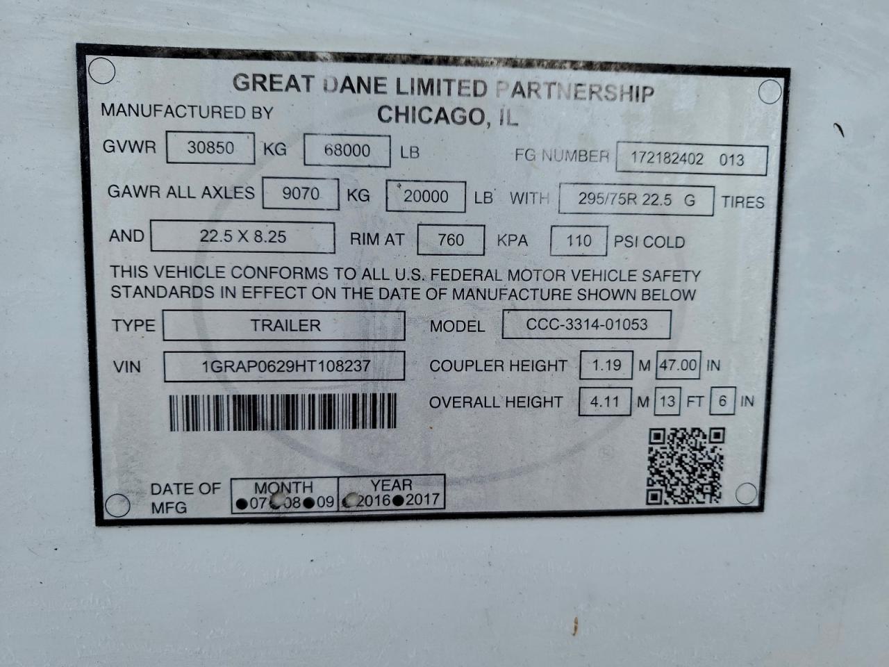 2017 Great Dane CCC-3314-01053 DRY Van Trailer