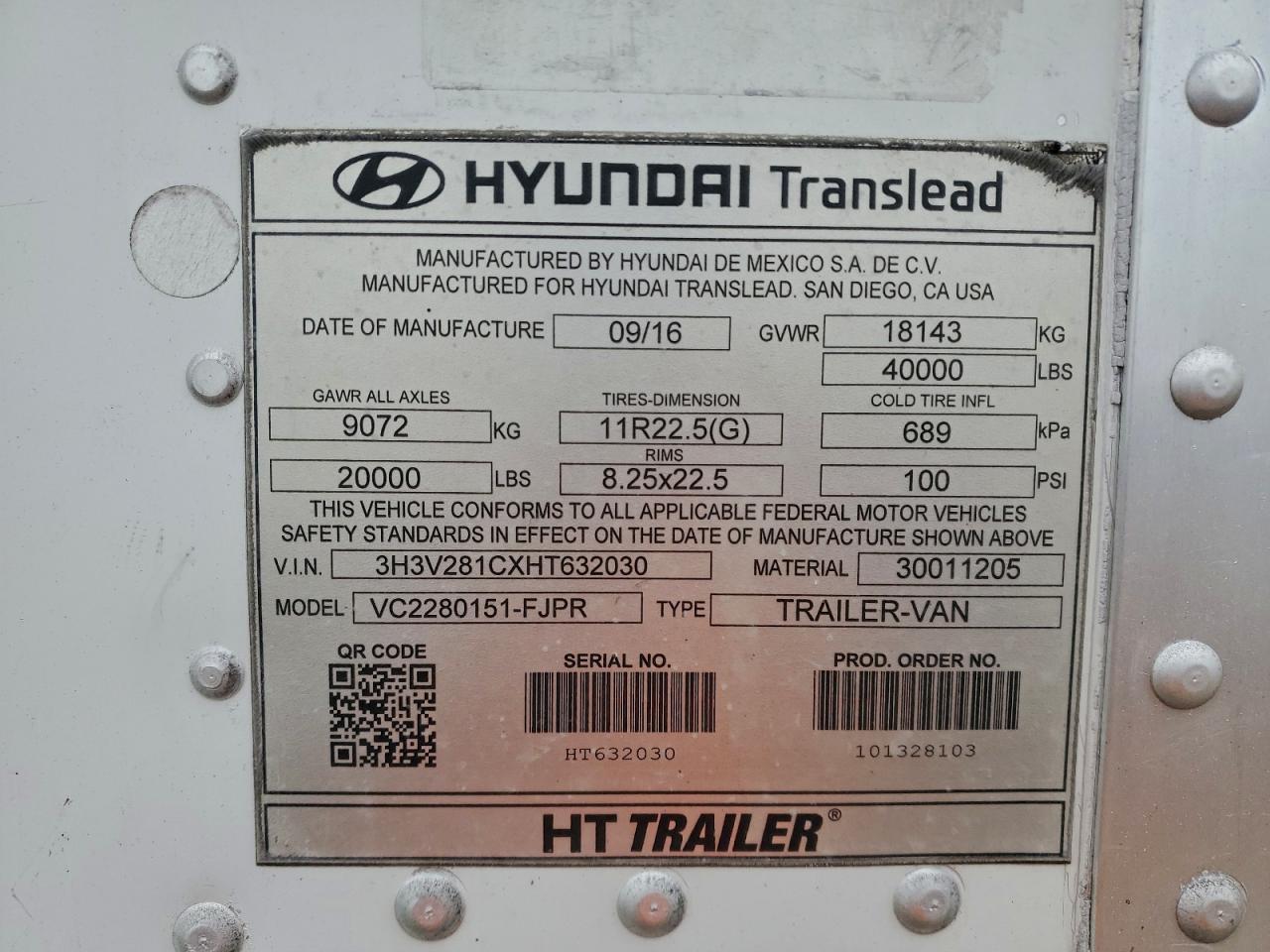 2017 Hyundai Trailers 2017 Hyundai Translead VC2280151-FJPR DRY Van Trai