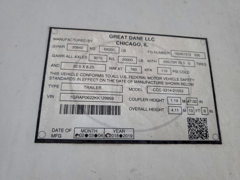 2019 Great Dane CCC-3314-21053 DRY Van Trailer