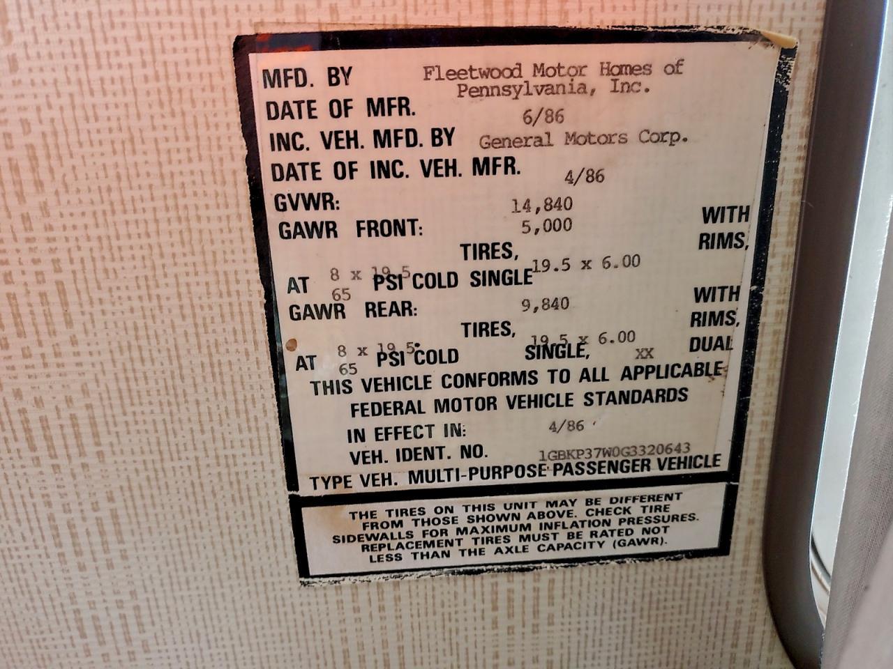 1986 Chevrolet P Series Recreational Vehicle