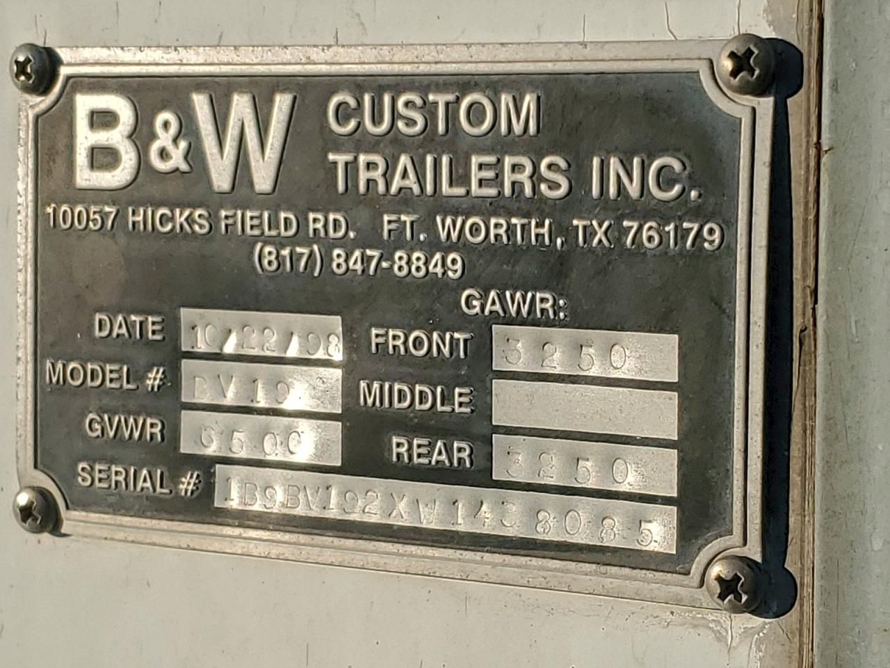 1998 B&W Custom BV 19 Fiber Optic Splcling Trailer