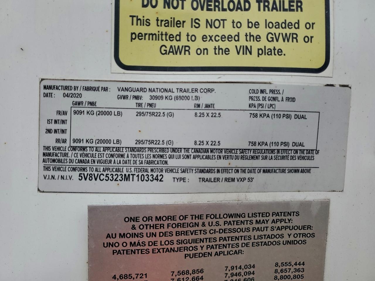 2021 Vanguard Dry van Trailer