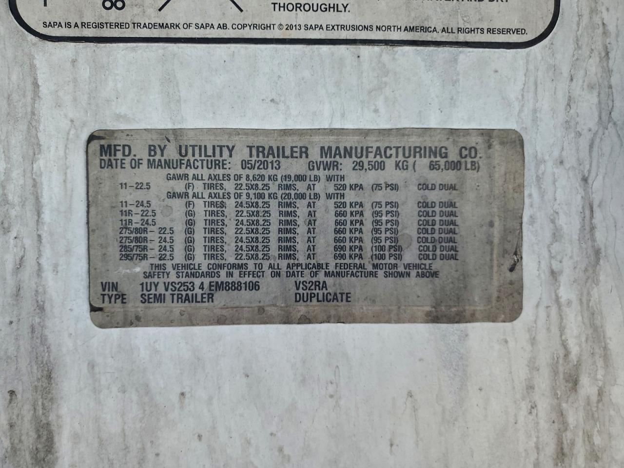 2014 Utility VS2RA Refrigerated Van Trailer
