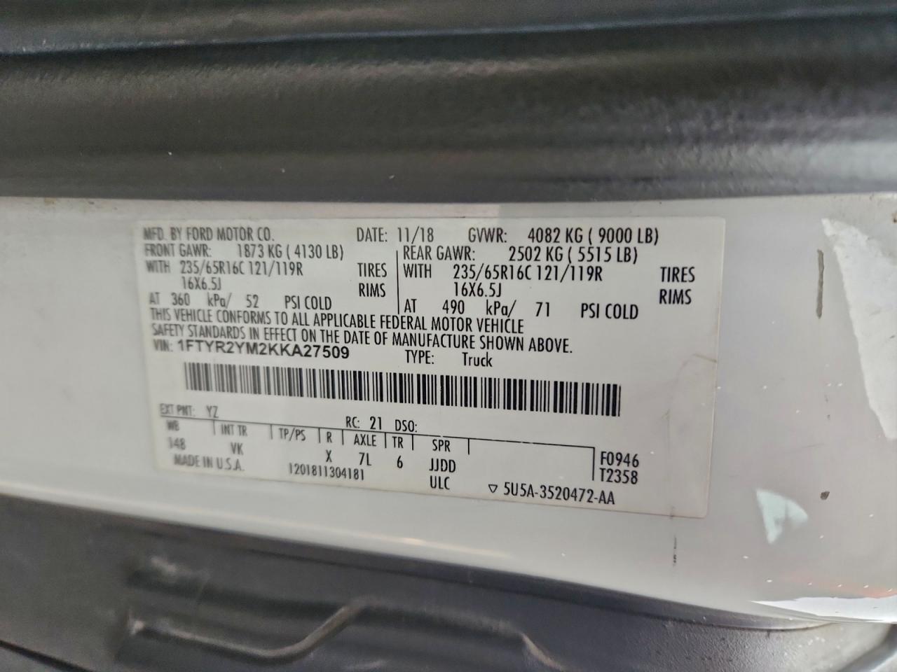 2019 Ford Transit T-250 Utility / Service Van