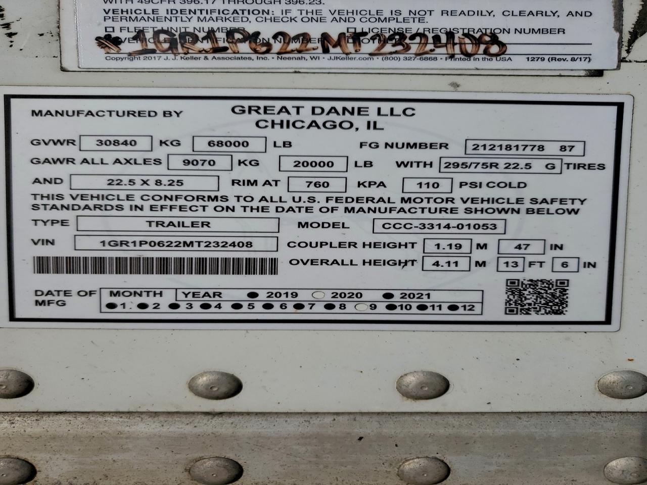2021 Great Dane T Dane CCC-3314-01053 DRY Van Trailer