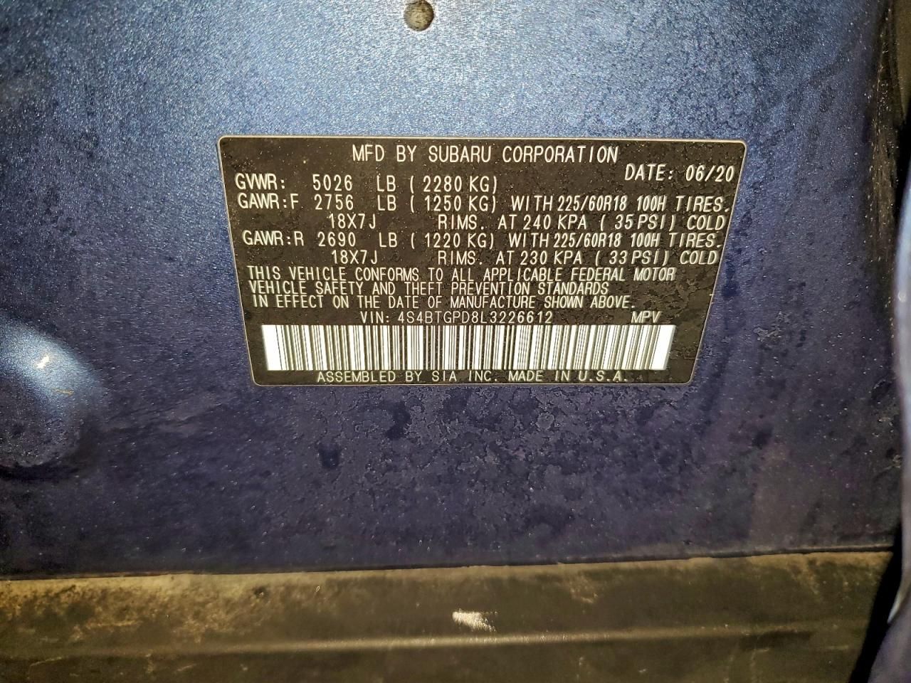 2020 Subaru Outback Touring ldl